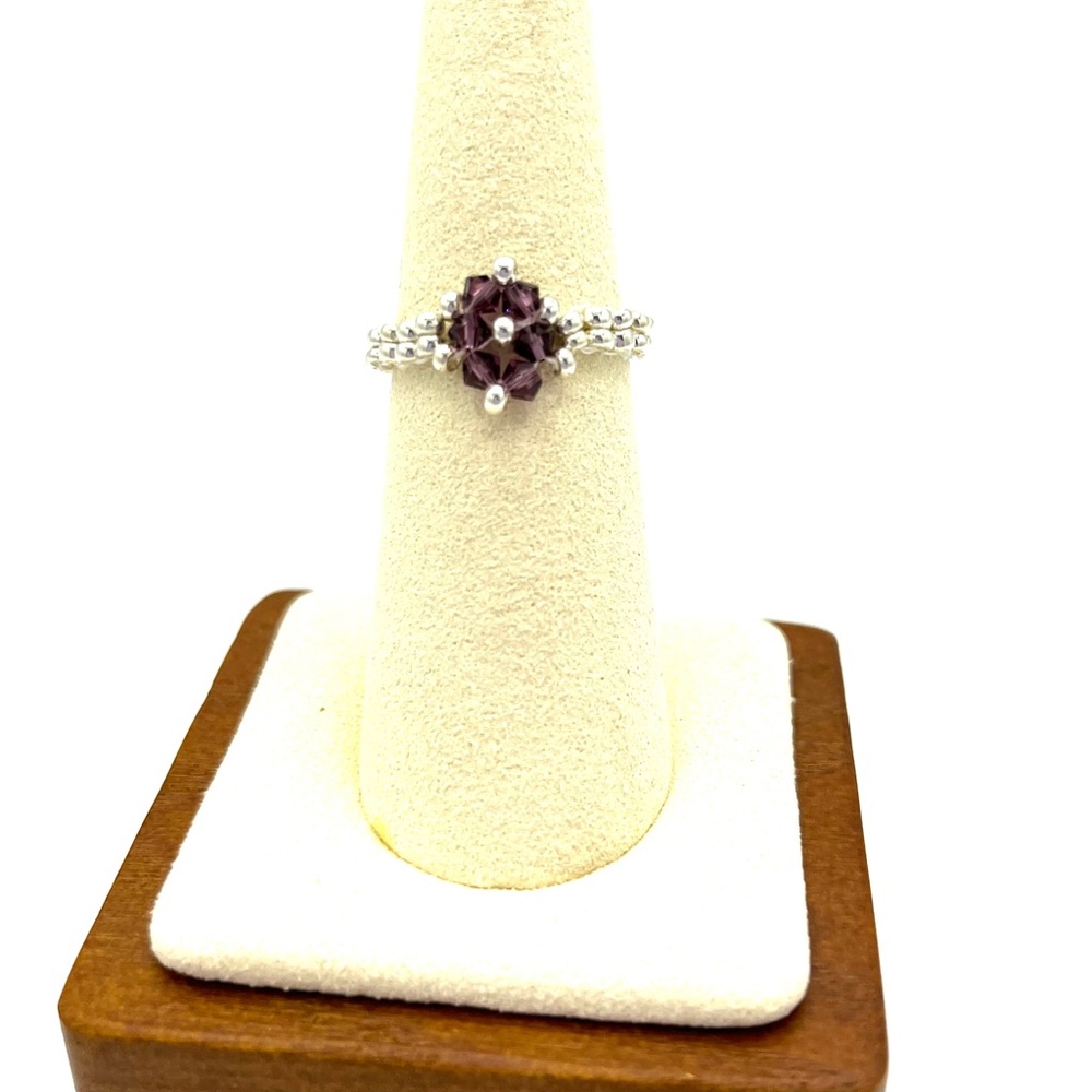 HAND CRAFTED Purple Swarovski Crystal Silver Beaded Ring - Picture 3 of 3